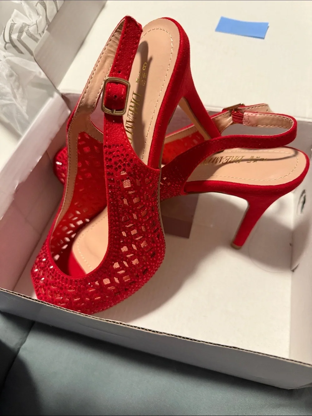 Red Beaded Peep-Toe Slingback Heels -